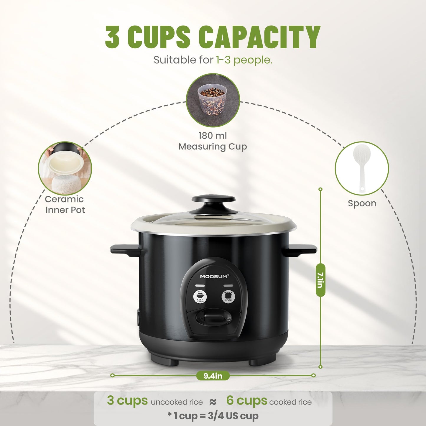 MOOSUM 3-Cup Uncooked Rice Cooker Small - Ceramic Coating Non-Toxic Inner Pot, One-Touch Multifunction for Rice/Sauté/Yogurt, Dishwasher Safe, 1-3 People Size, Black