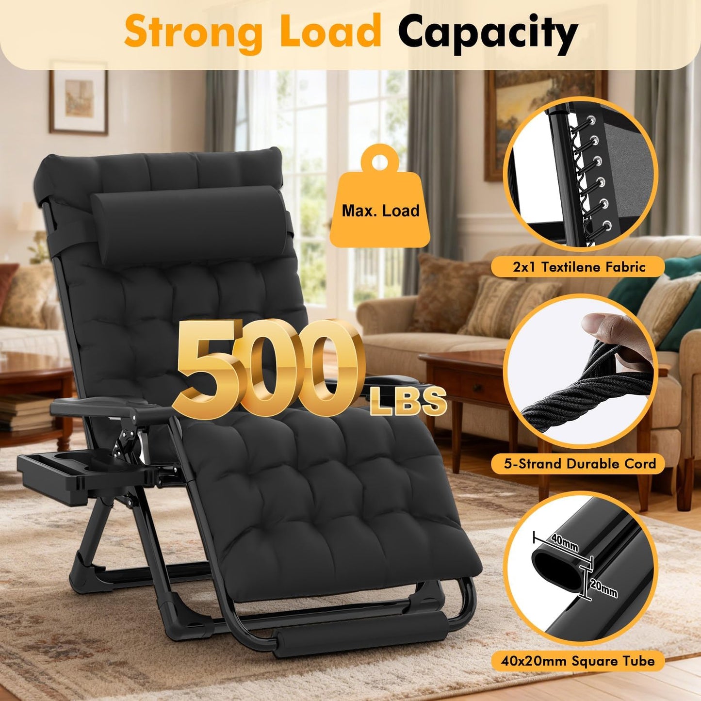 Slendor Oversized Zero Gravity Chair - XXL Padded Lounge Chair with Headrest & Cup Holder | Supports 500lbs, Black