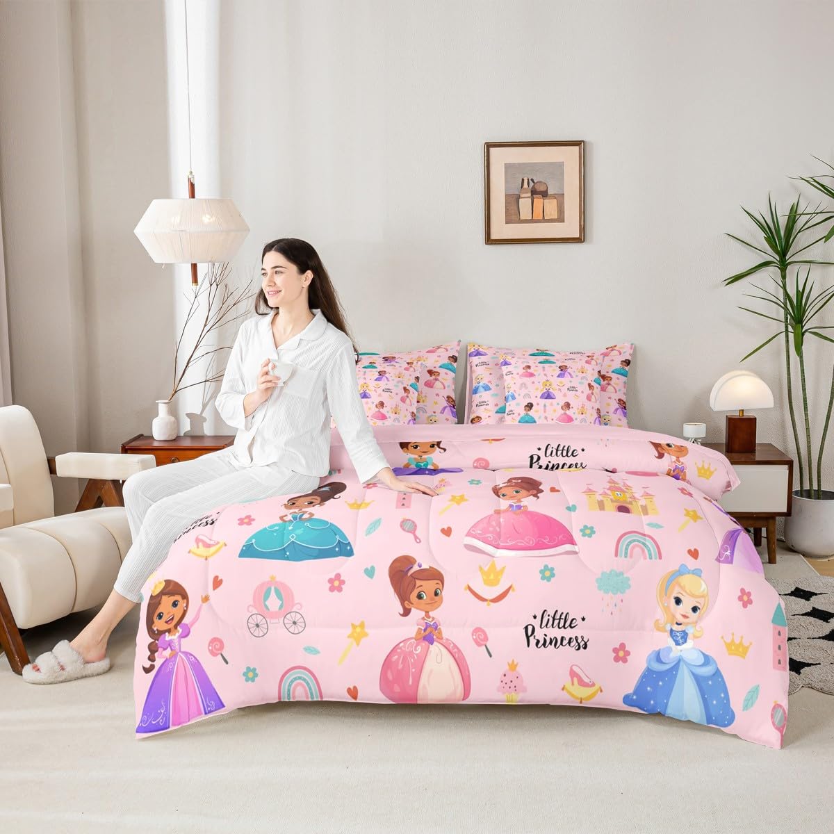 Erosebridal Kids Magical Princess 7 Piece Twin Comforter Set Bed in a Bag, Girly Cute Castle Microfiber Bedding for Sofa, Cartoon Rainbow Fitted Sheets Set for Kids Girls, Pink Princess Bed Set