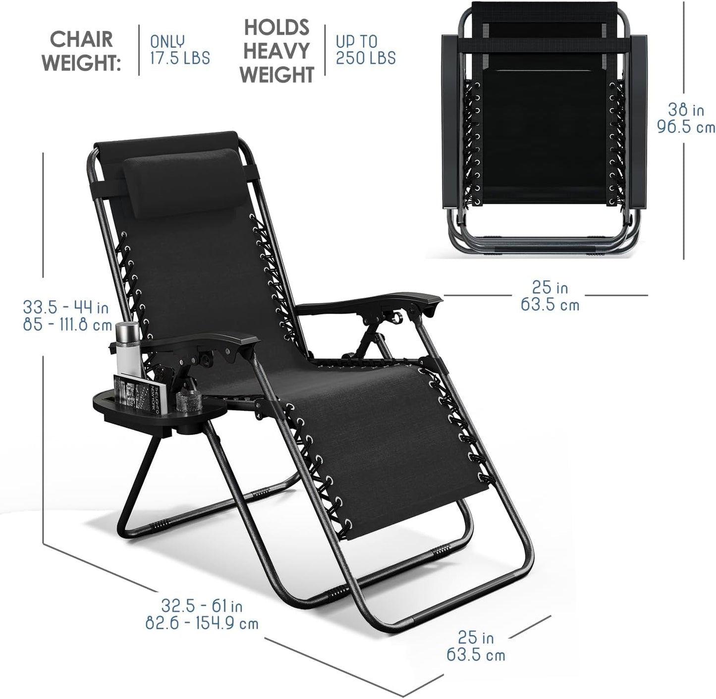 Nestl Zero Gravity Chairs - Set of 2 Adjustable Outdoor Lounge Chairs with Pillows & Cup Holder - Black