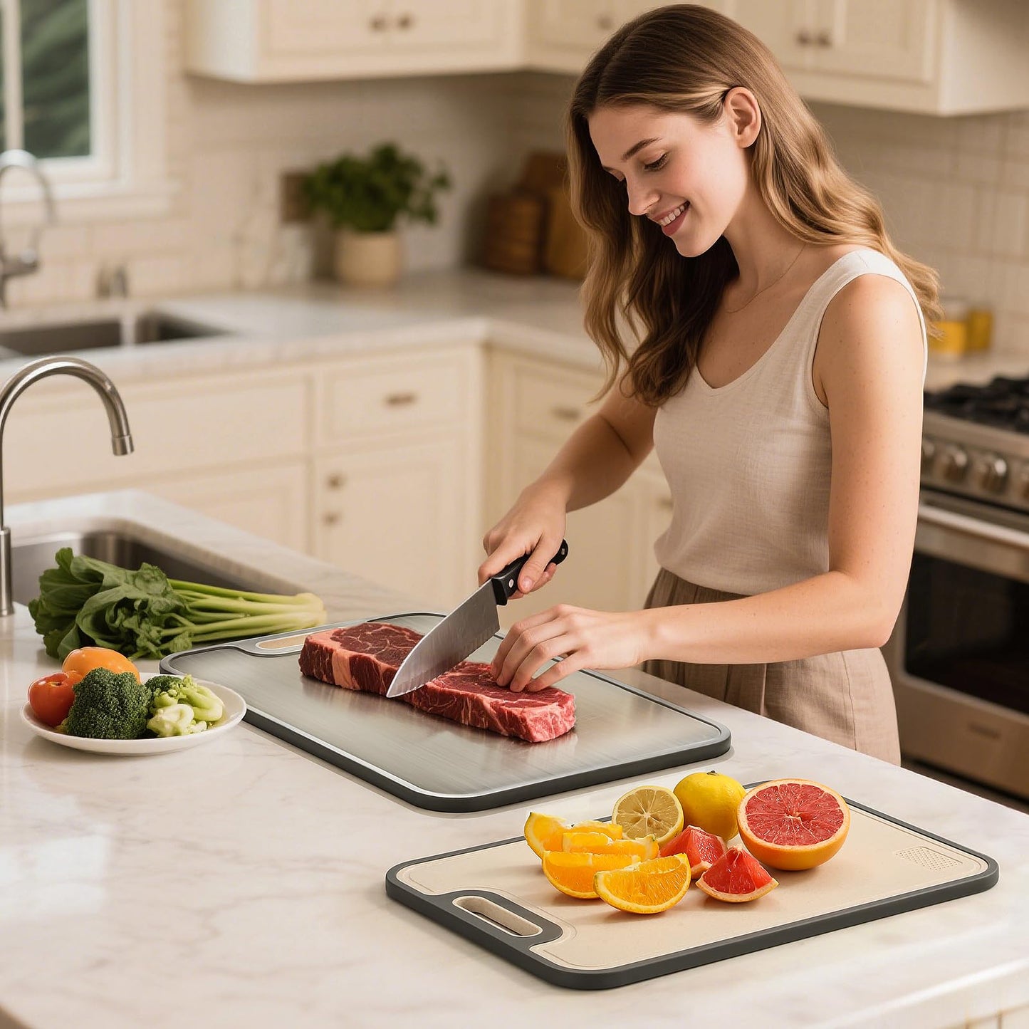 Stainless Steel Cutting Board, Large Double Sided Cutting Board for kitchen, 18/8 Stainless Steel & Wheat straw pp, Food-Grade, non Toxic - Easy to Clean, 16 x 11 Inches