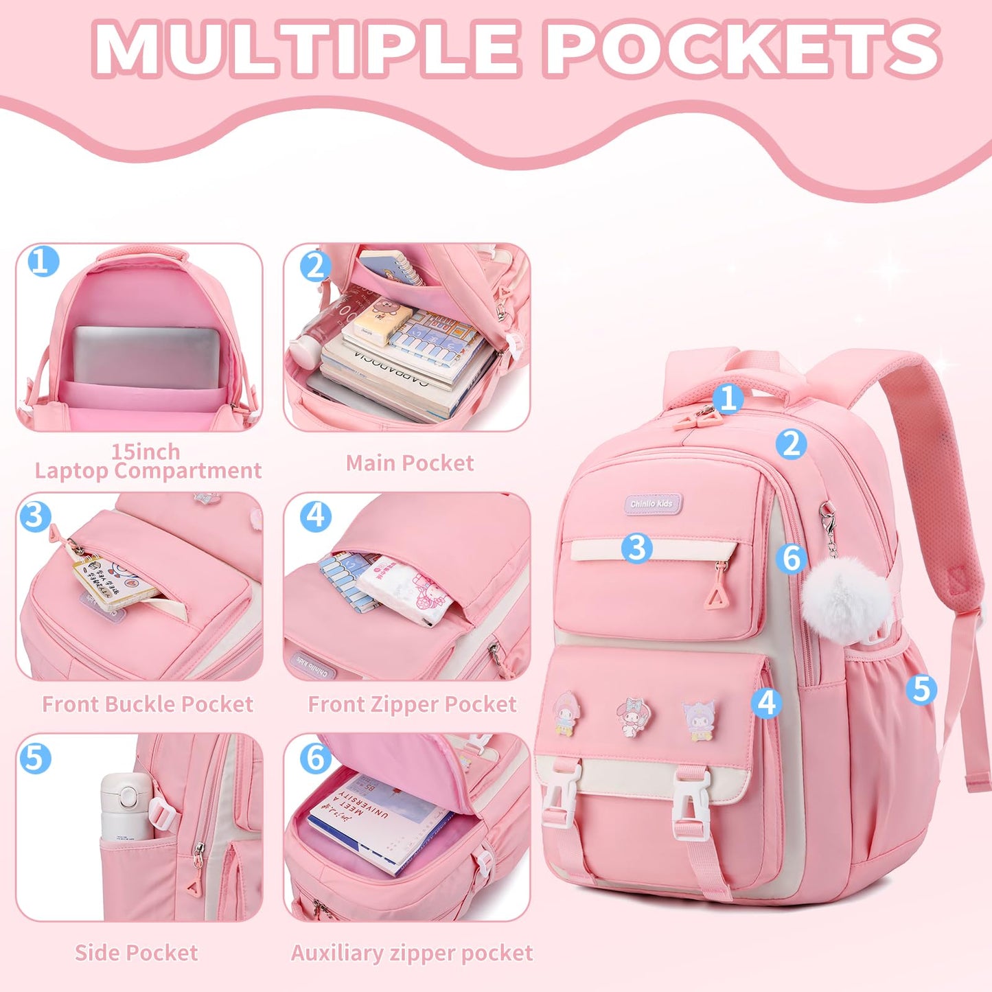 BEFUNIRISE Girls Backpack,Kids Backpack for Teen Girls School Backpack Bookbag for Elementary Primary High School (Pink)