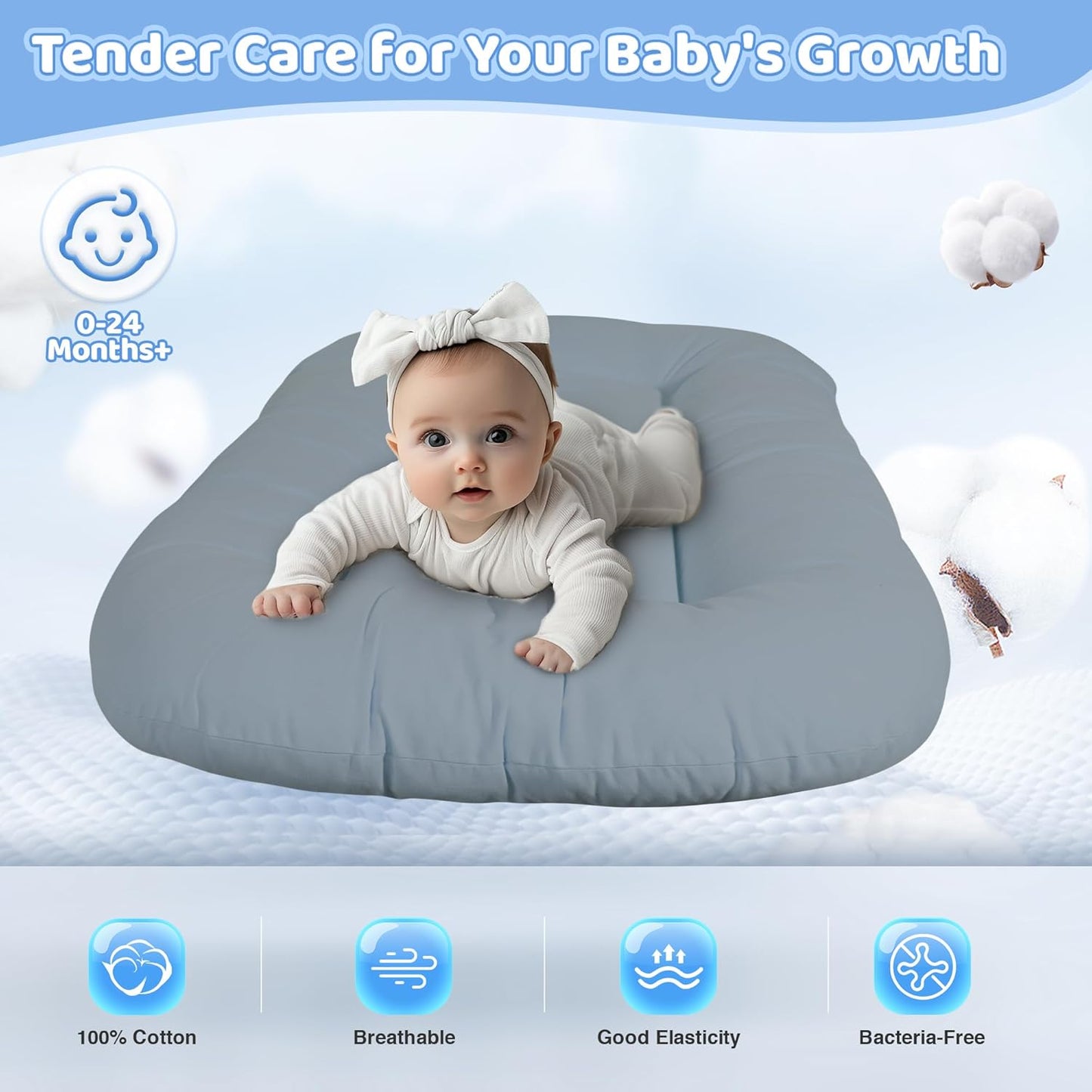 Skiennix Infant Support Cushion - Portable Tummy Time Mat for Newborns 0-24 Months, Soft Cotton, Green