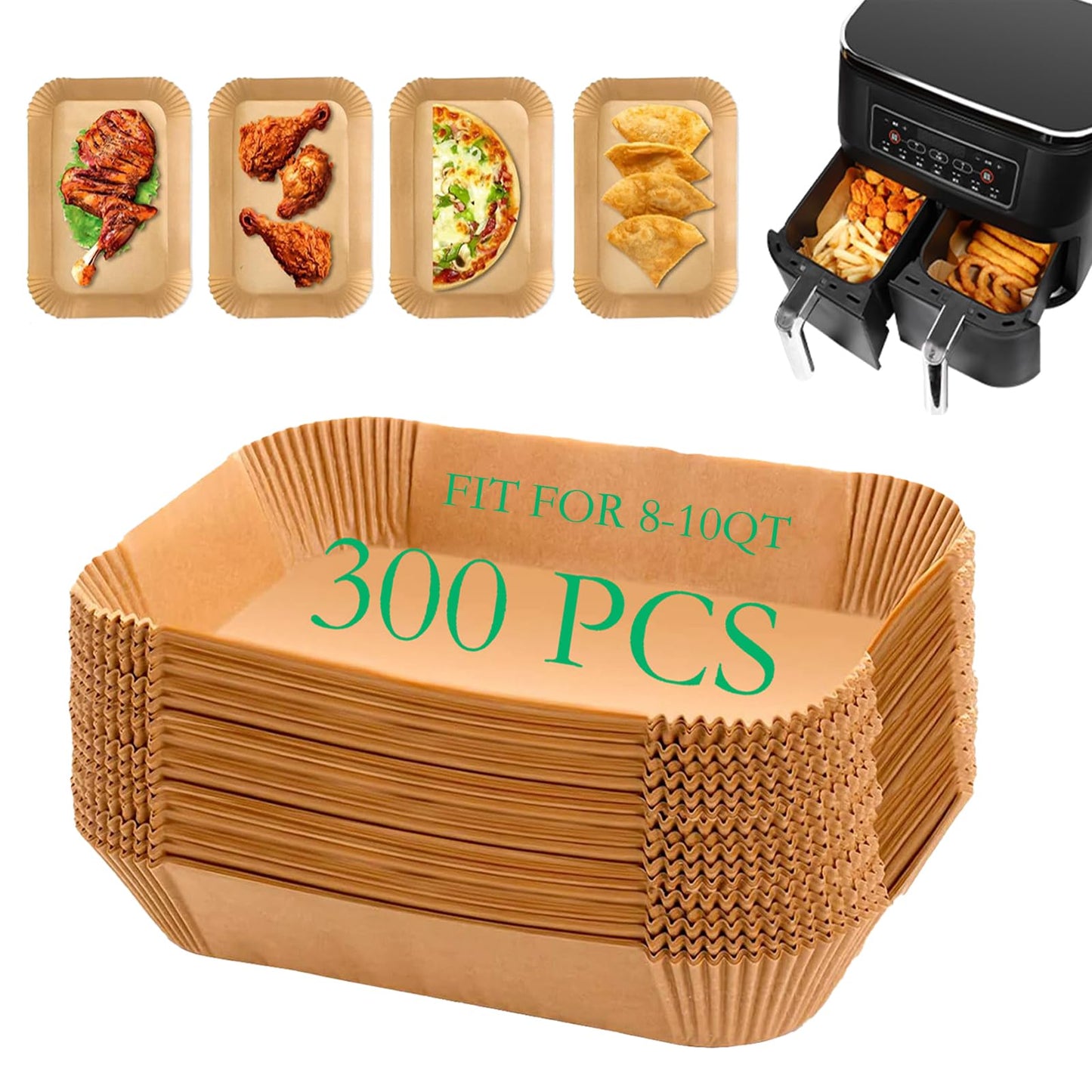 EPLTFCH 300 PCS Air Fryer Liners Disposable, 8.1 * 5.1 inch Air Fryer Paper Fit 2-Basket 8-10QT, Food Grade Baking Paper made for Ninja DZ201,DZ401,DZ550,SL401