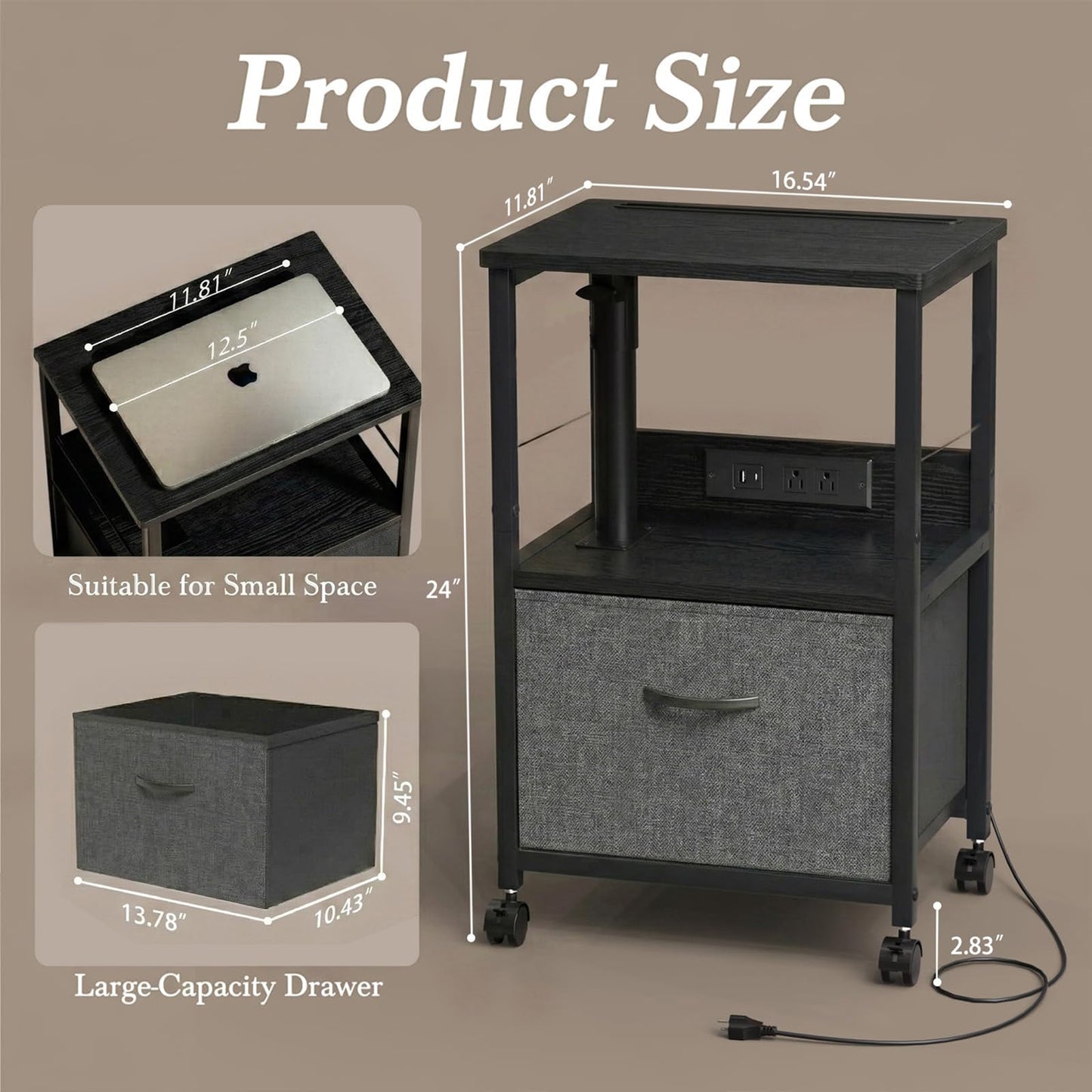 Faesun Swivel Lift Top Nightstand with Charging Station, Rolling Side Table for Recliner, Bedside Table with Wheels & a Fabric Drawer, for Small Spaces, for Bedroom, Living Room, Black Gray