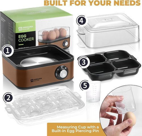 Annie & Mia Design Stainless Steel Egg Cooker - 8 Egg Capacity, 500W, Auto Shut-Off, Recipe Guide (Gold)