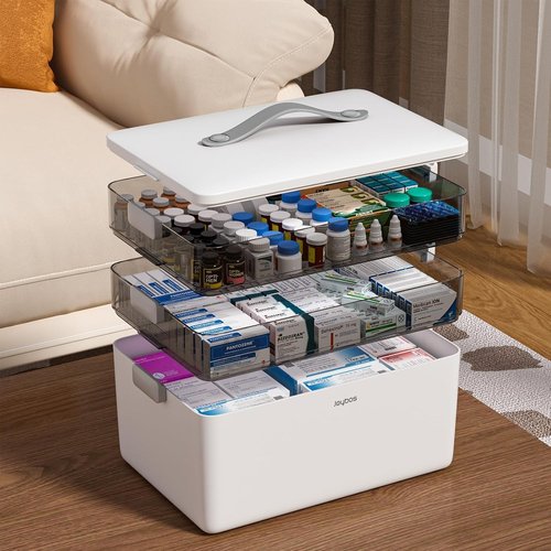 JOYBOS 3-Tier Medicine Storage Box - Portable First Aid Kit Organizer with Leather Handle for Home