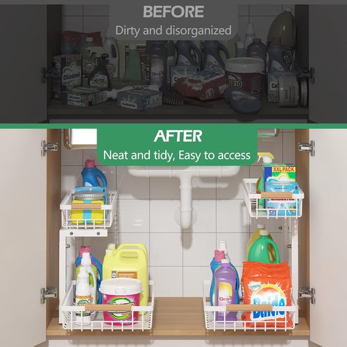 ADRIMER Under Sink Organizer - 2 Pack Pull-Out Kitchen & Bathroom Storage Shelves, White