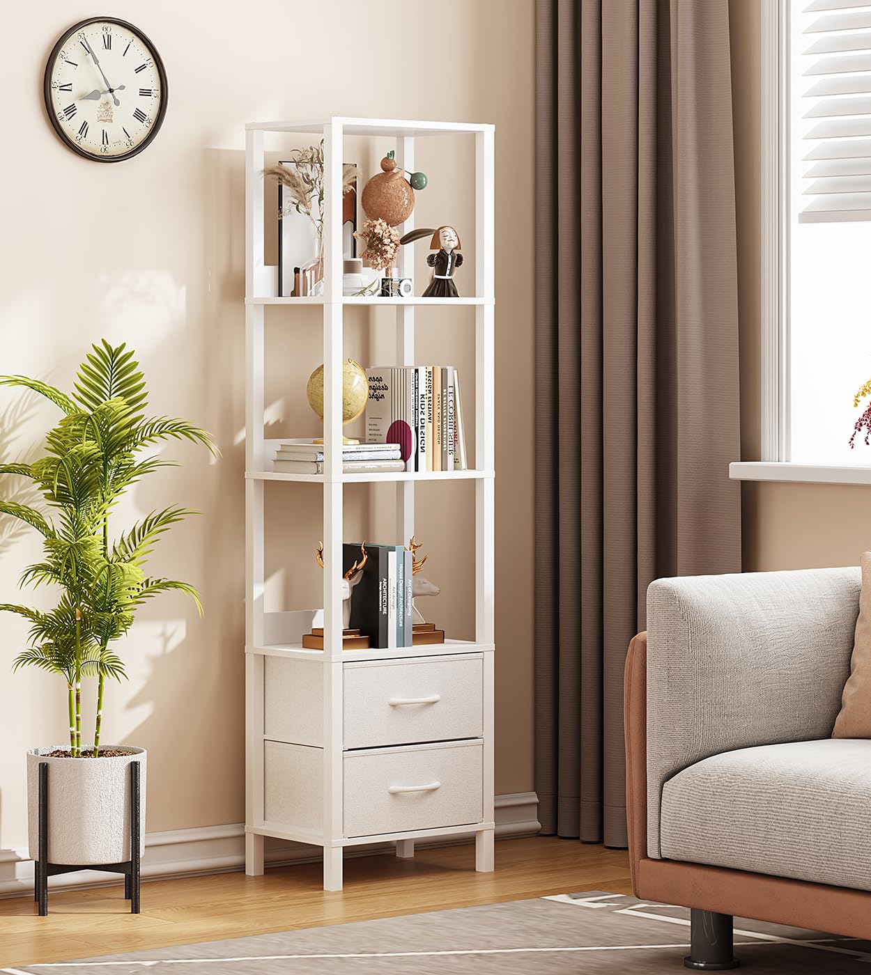 VIMBER Tall Bookshelf with Drawers, 6-Tier Bookcase for Books, Garage Kit, CDs, Movies, Modern Standing Bookshelves Storage Organizer for Bedroom Office Living Room White USSJ002W