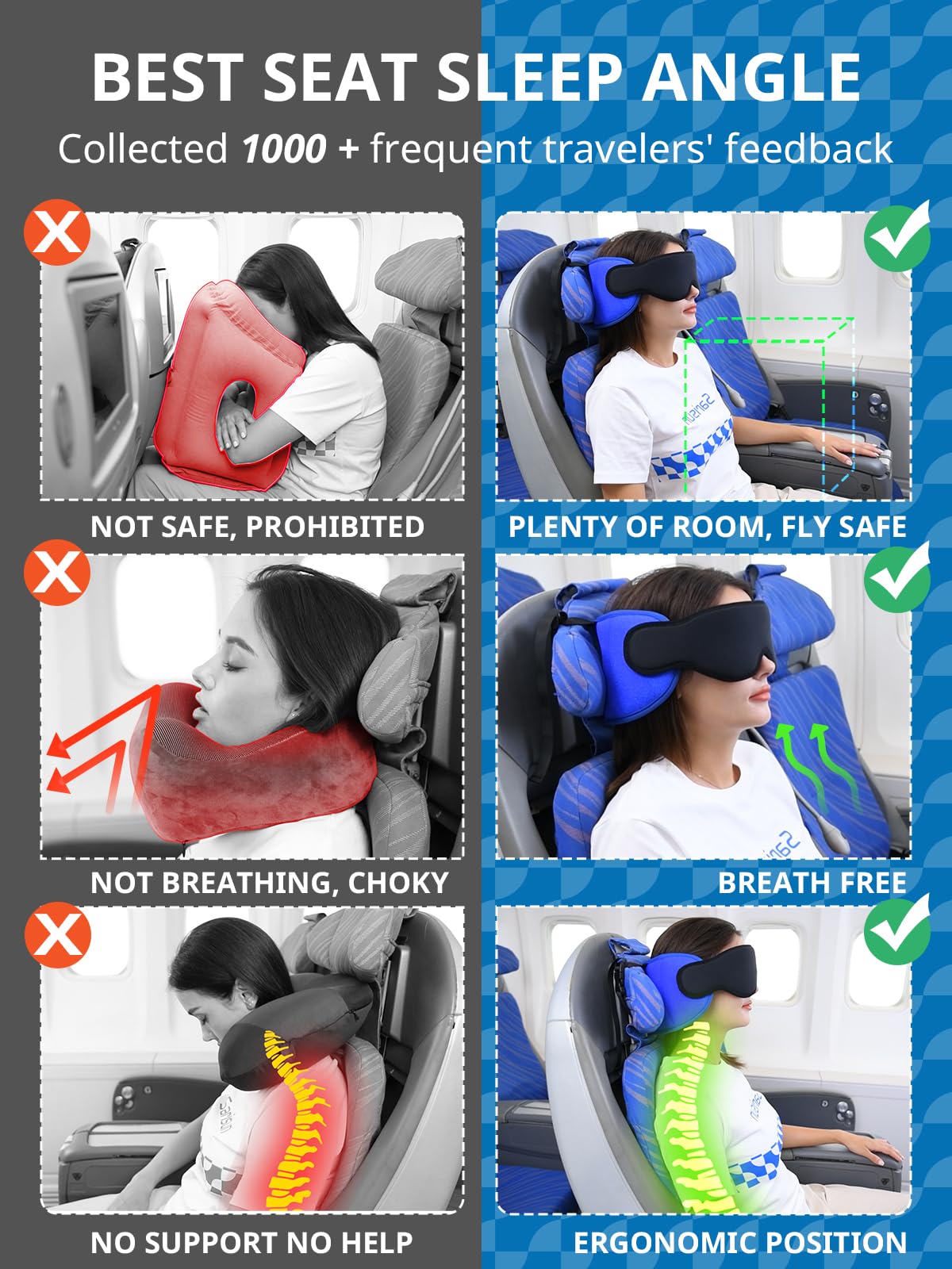 SARISUN Travel Pillow for Airplanes, Airplane Pillow for Long Flight, Neck Pillow with Eye Mask for Sleeping, Portable Travel Pillow for Car Road Trip Headrest, Stop Bobblehead, Grey