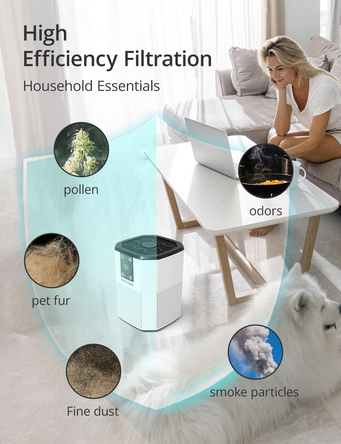 Air Purifiers for Home Bedroom Pets, FETIONS Air Cleaner with Ambient light Fragrance Sleep Mode, Compact with H13 HEPA Filter for Dander Smoke Pollen Odor, 9 Timer Settings, 4 Fan Speeds,White,1 Pack