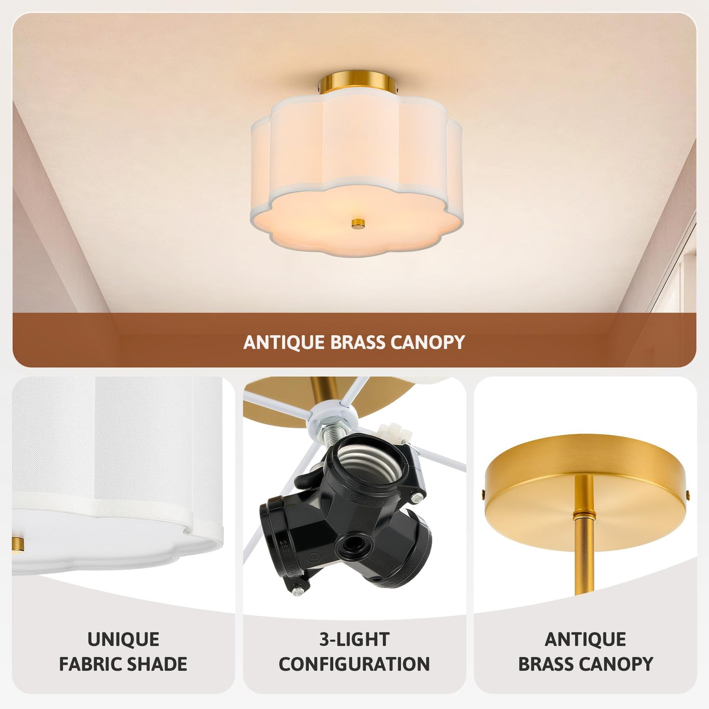 VONLUCE Semi Flush Mount Ceiling Light, 13'' Ceiling Light Fixture with Flower-Shaped Fabric Shade, 3-Light Modern Light Fixture for Bedroom Living Room Nursery Hallway, White Shade & Gold Finish