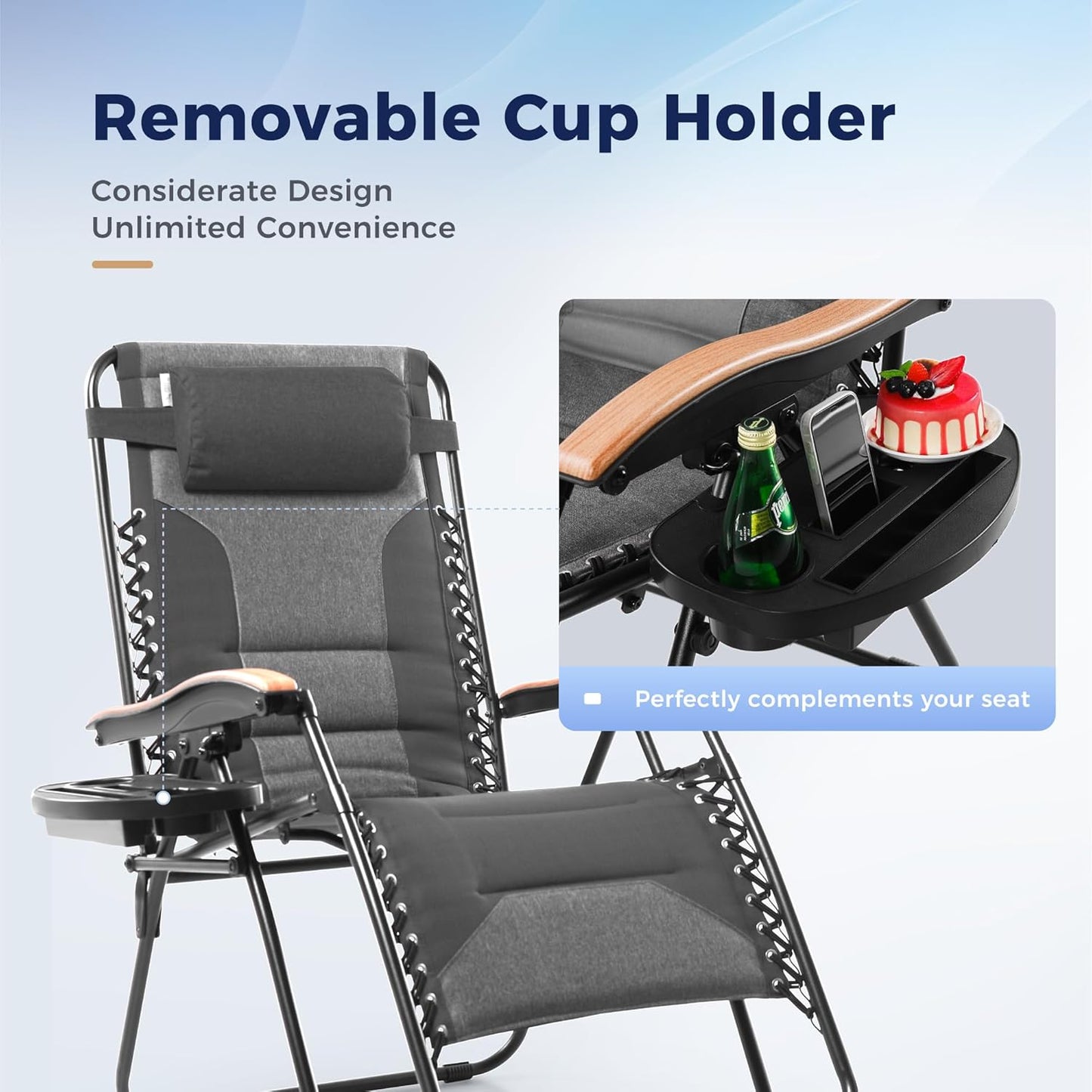 MAISON ARTS Oversized XXL Padded Zero Gravity Chair Set of 2 - 30" Wide Foldable Recliner | Supports 400lbs, Grey with Cup Holder & Pillow
