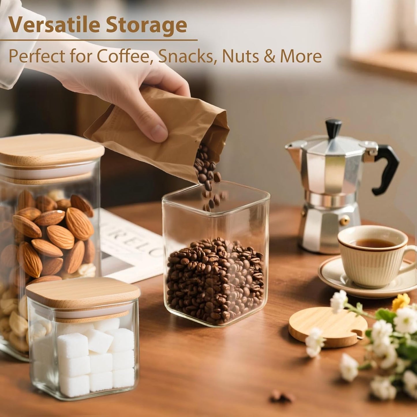 TBWIND Glass Storage Containers - 6 Pack Airtight Canisters with Bamboo Lids | Clear Jars for Food, Coffee, Flour, Snacks (24oz/37oz/51oz)