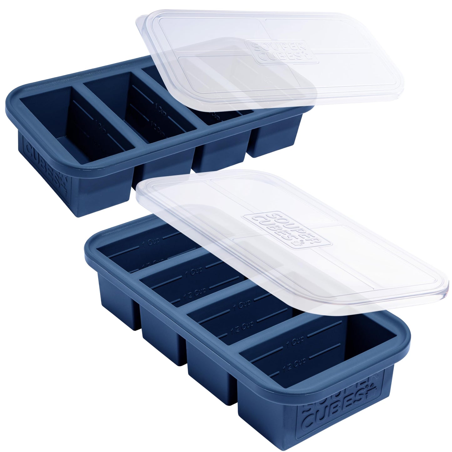 Souper Cubes 1 Cup Silicone Freezer Molds with Lids - Soup Cubes Freezer Tray with Lid - Perfect for Freezing Broth, Rice, Individual Portions, Meal Prepping and More - Blueberry - 2-Pack
