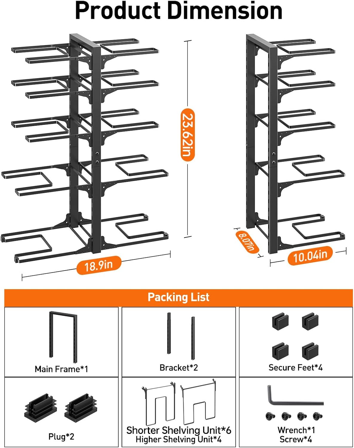 ORDORA 10-Tier Pots and Pans Organizer - Heavy-Duty Under Cabinet Storage Rack | Adjustable Kitchen Organizer