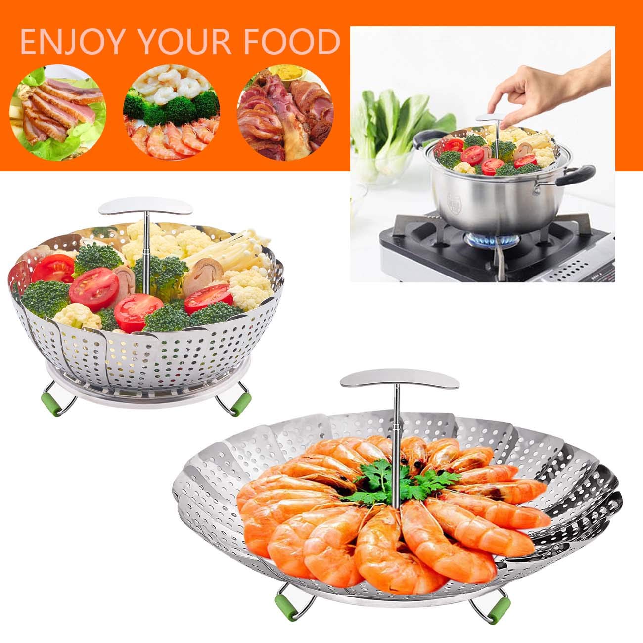 LHS Steamer Basket, Stainless Steel Vegetable Steamer Basket Insert for Veggie Fish Seafood Cooking, Expandable to Fit Various Size Pot (7.5" to 11.4") L