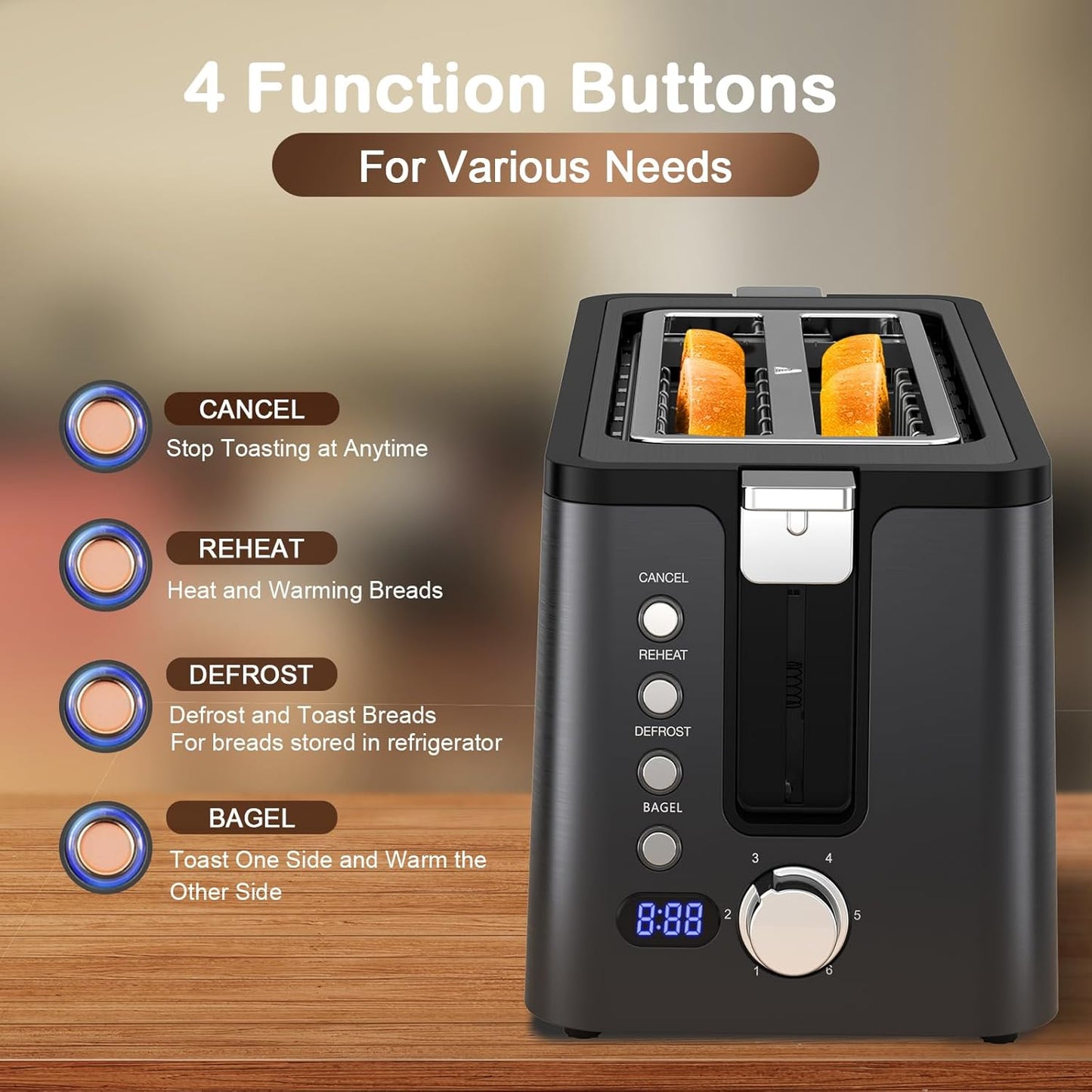 Mecity 4-Slice Toaster - Long Slot Design with Timer & 6 Browning Settings | Stainless Steel, 1300W