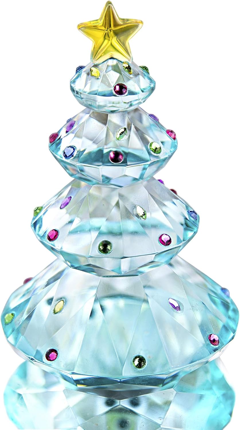 QFkris Crystal Christmas Tree Figurine - 3.5" Blue Glass Paperweight Table Ornament for Holiday Decor