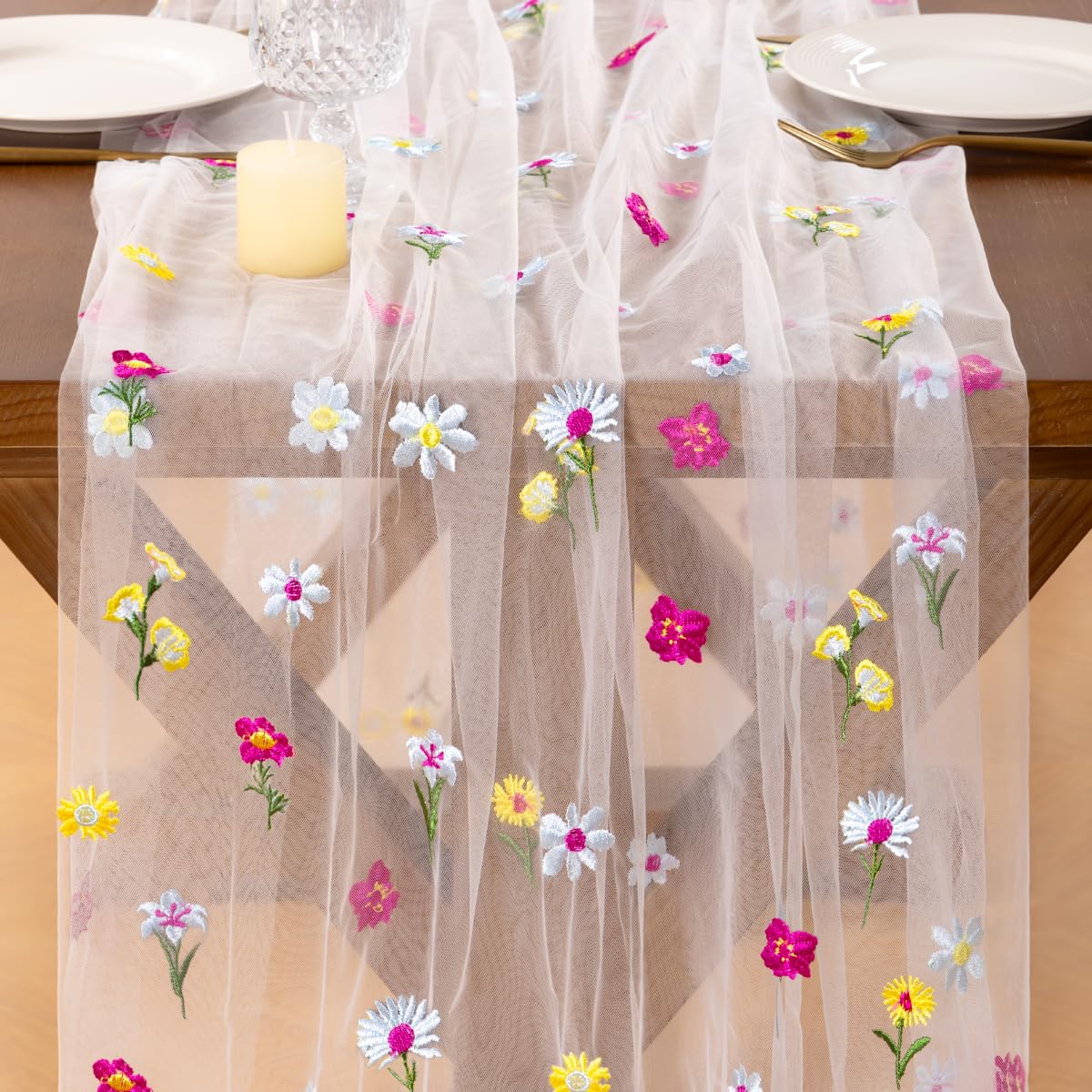 Socomi Embroidery Floral Table Runner Spring Wildflower Gauze Tulle Cheesecloth Seasonal Table Runners for Wedding Party Baby Shower Birthday Holiday Picnic Home Decor