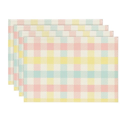 Artoid Mode Blue Pink Yellow Buffalo Plaid Placemats Set of 4, 12x18 Inch Seasonal Easter Table Mats for Party Kitchen Dining Decoration