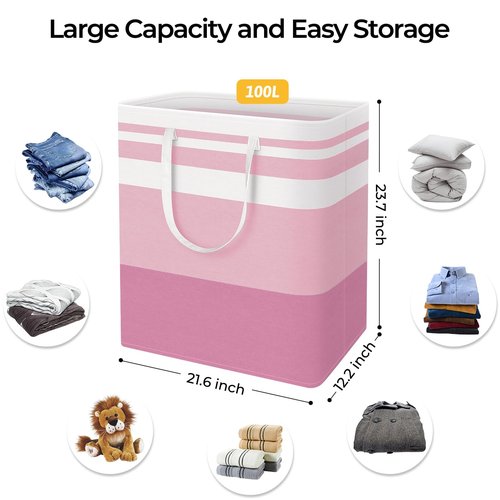HomeHacks 2 Pack Large Laundry Baskets, Waterproof, Freestanding Laundry Hampers, Collapsible Clothes Hamper with Reinforced Handles in Laundry, College Dorm, Bathroom, Bedroom (Grey+Pink, 100Lx2)