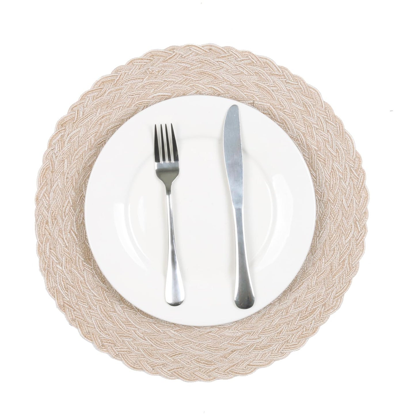 SHACOS Round Braided Placemats 15 inch Set of 6 Thick Boho Kitchen Table Placemats for Home Wedding Party (T-Beige, 6)