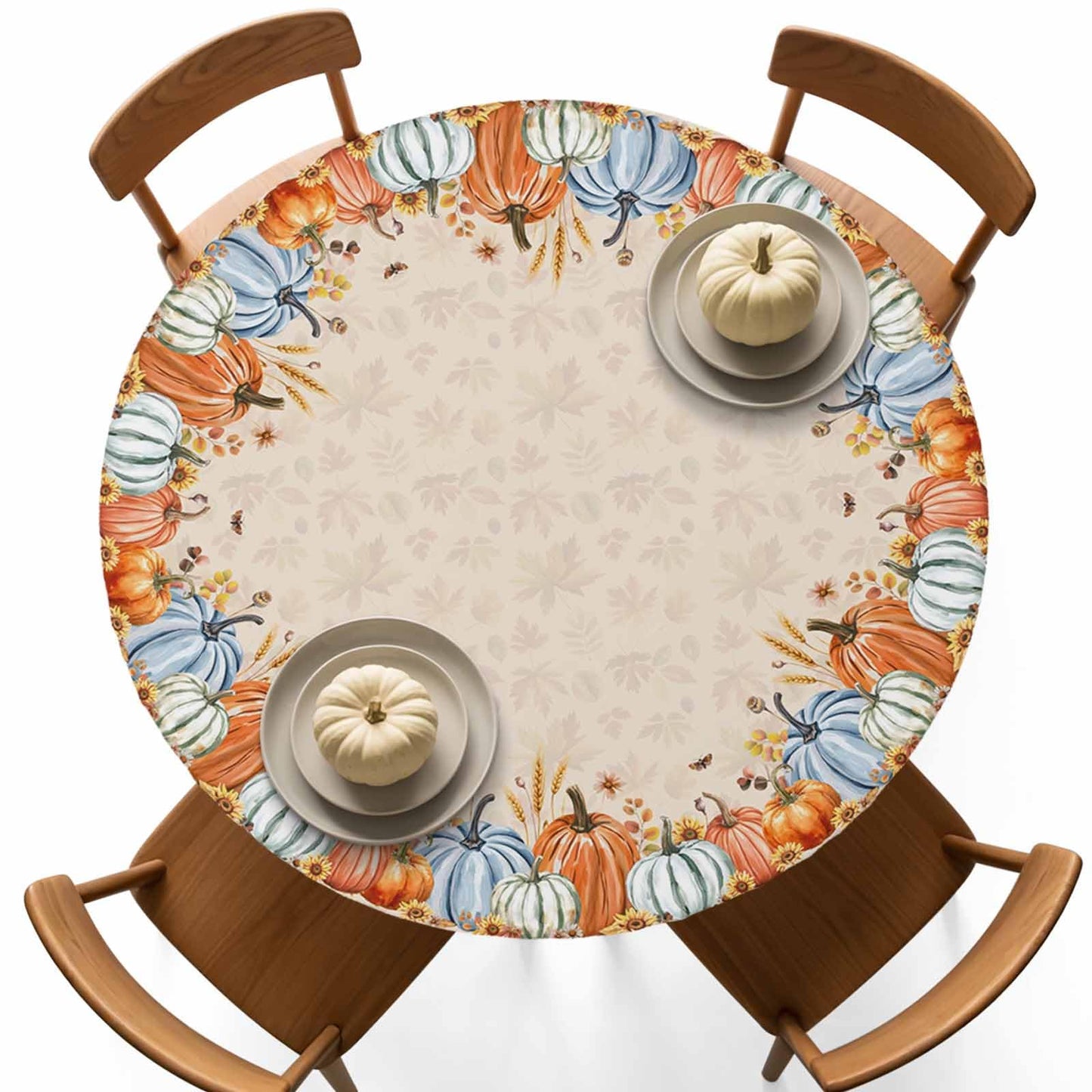 Thanksgiving Round Fitted Tablecloth 45-54inch, Autumn Pumpkin Sunflower Table Cover with Elastic Edged Waterproof Spillproof Table Cloths for Kitchen Dining Patio Holiday Tables, Fall Maple Leaves