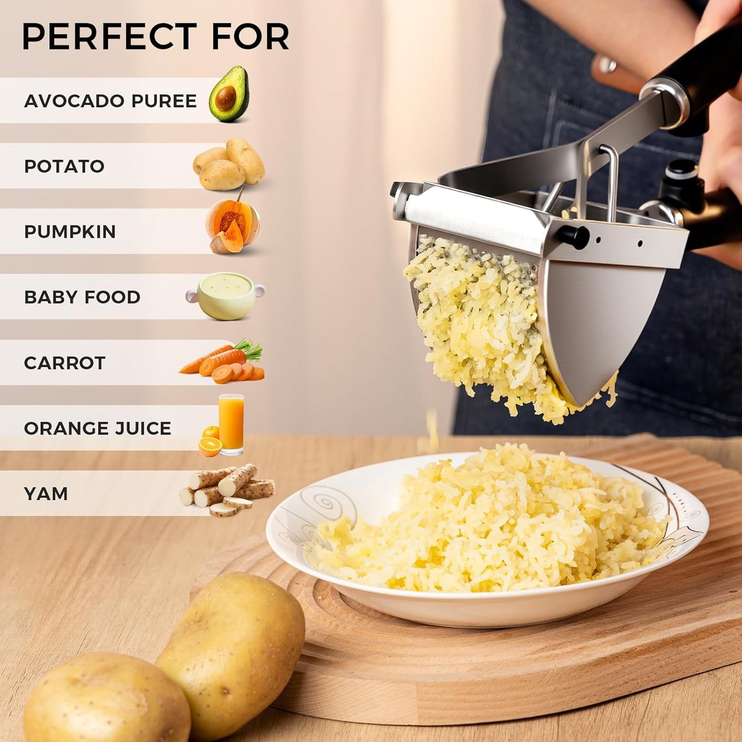 LHS Potato Ricer - Upgraded Stainless Steel Masher for Heavy Duty Home & Commercial Use