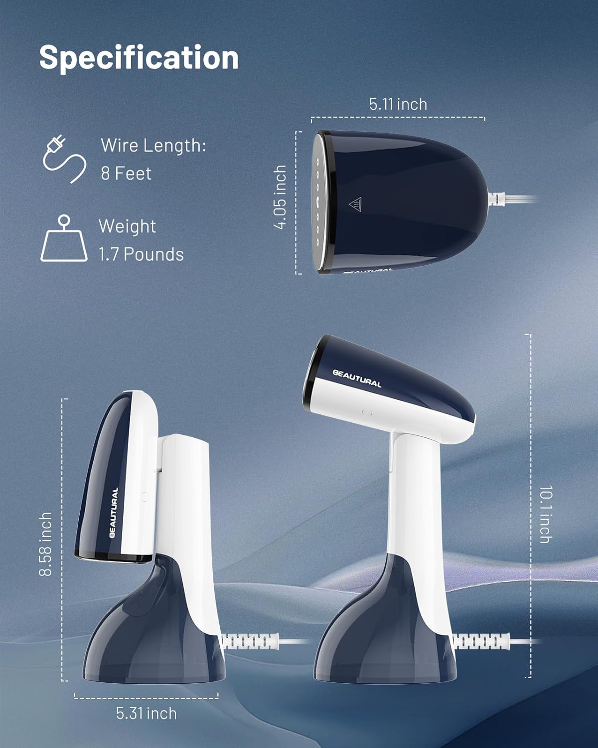 Beautural Portable Handheld Clothes Steamer - Fast 35-Second Heat-Up, Large Water Tank, Blue