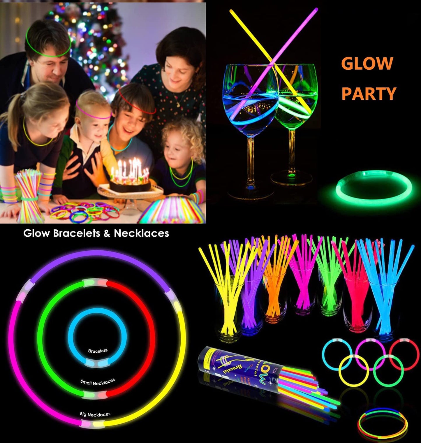 NUDALA 200 Pcs Blue Glow Sticks Bracelet Necklaces Bulk Glow in The Dark Party Supplies 8” Light Stick Pack with Connectors for Easter 4th of July Party Favors Christmas Birthday Carnival