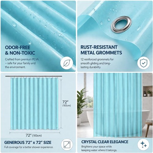 EHZNZIE Aqua Shower Curtain Liner - 72x72 Waterproof PEVA Bath Curtain with 3 Weighted Magnets & Rustproof Grommets