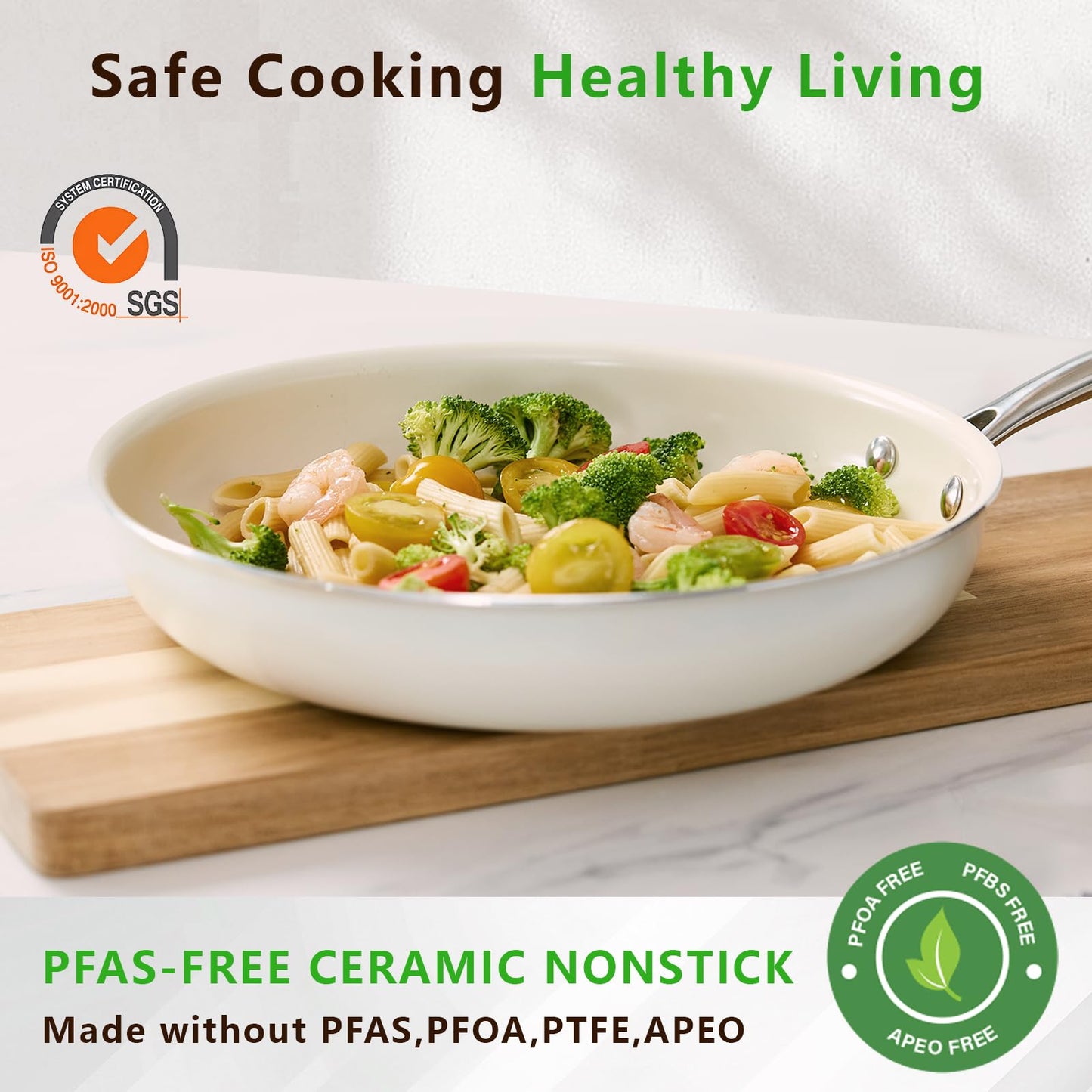 SAKAMOSH 9.5" Ceramic Frying Pan Nonstick, Skillet, Cooking Pan Non Toxic with Stay Cool Handle for Induction, Chef's Pan, PTFE & PFAS & PFOA Free, Dishwasher/Oven Safe, White