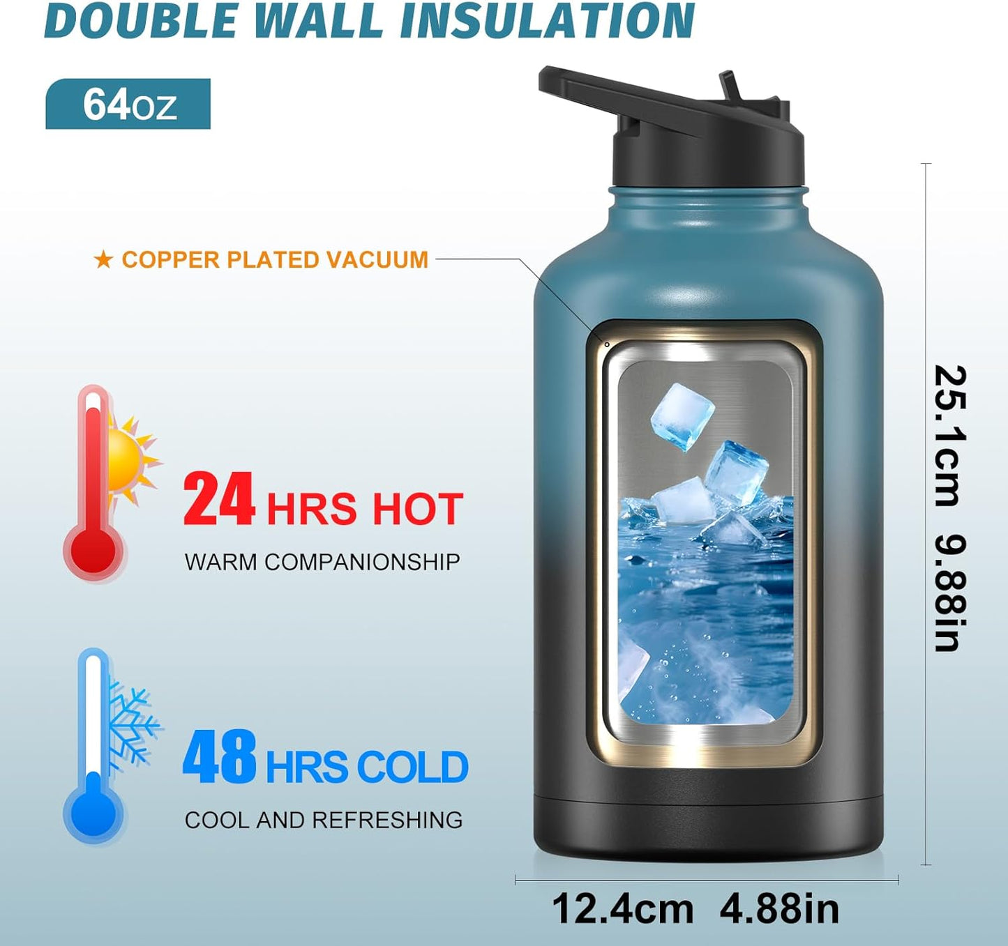 Skiennix 64oz Insulated Water Bottle - Cold for 48 Hours, BPA Free, Leak Proof, Half Gallon Flask | Black/Blue