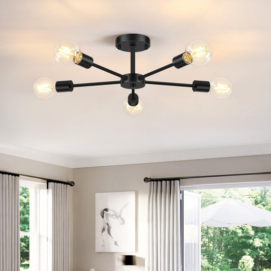Lomoky 5-Lights Black Semi Flush Mount Ceiling Light, Hallway Light Fixtures Ceiling with E26 Base, Modern Sputnik Light Fixtures for Kitchen Bedroom Living Room