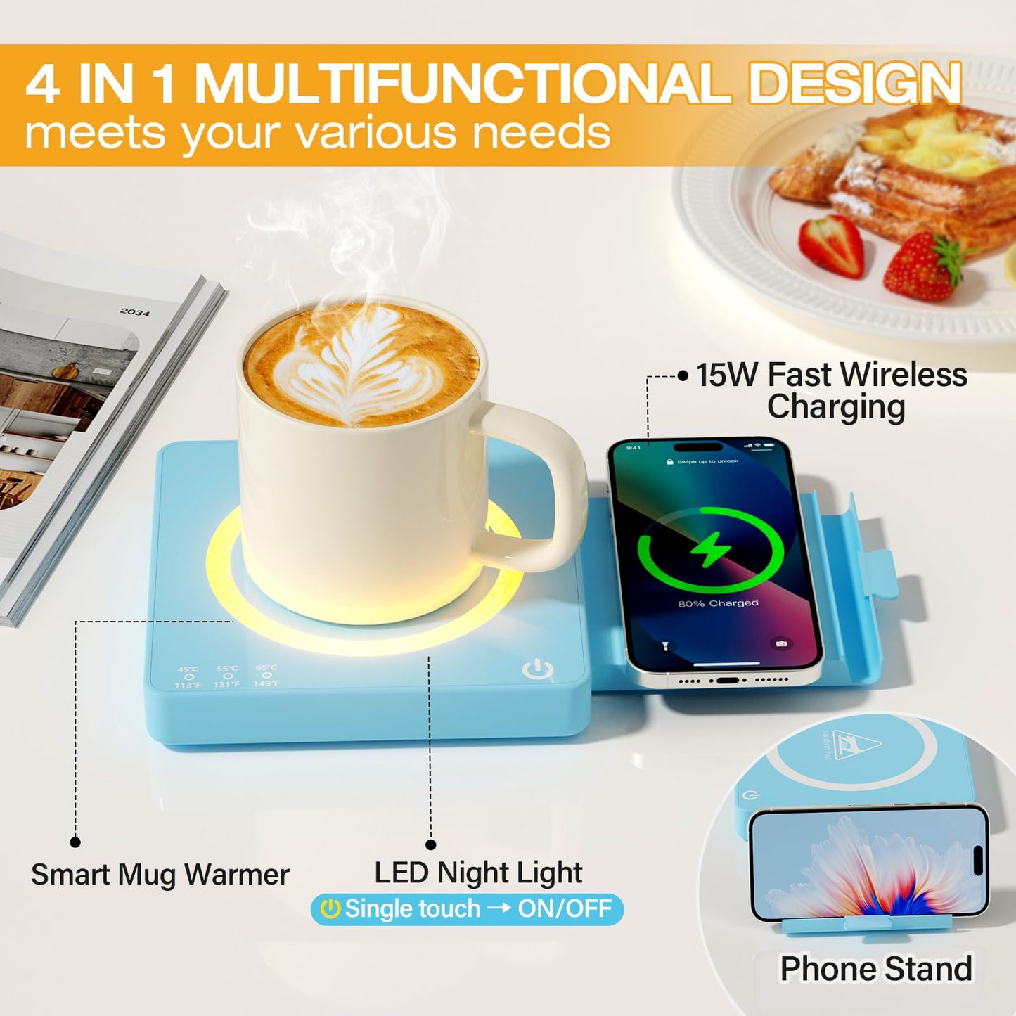 WHOLEV Coffee Mug Warmer, Smart Mug Warmer, 15W Wireless Phone Charging, 3 Heat Settings Temperature Controlled, 8H Auto Off, Candle Warmer, Safe for Heating Coffee, Beverage, Milk, Tea