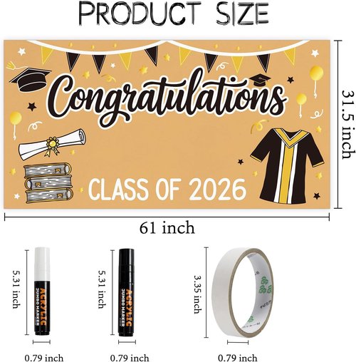 2026 Graduation Decorations | Black and Gold DIY Banner - 61 x 32 Inch Congrats Backdrop