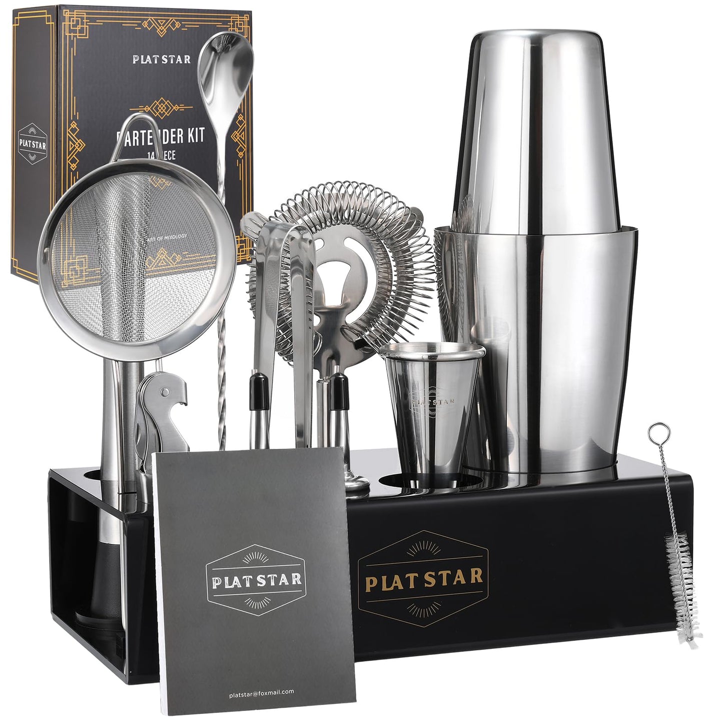 Plat Star Mixology Bartender Kit with Stand, Home Bar Set Cocktail Shakers Bartending Kit, Bar Tools Boston Shaker Set, Professional Drink Mixing Martini Making Barware with Recipe Book