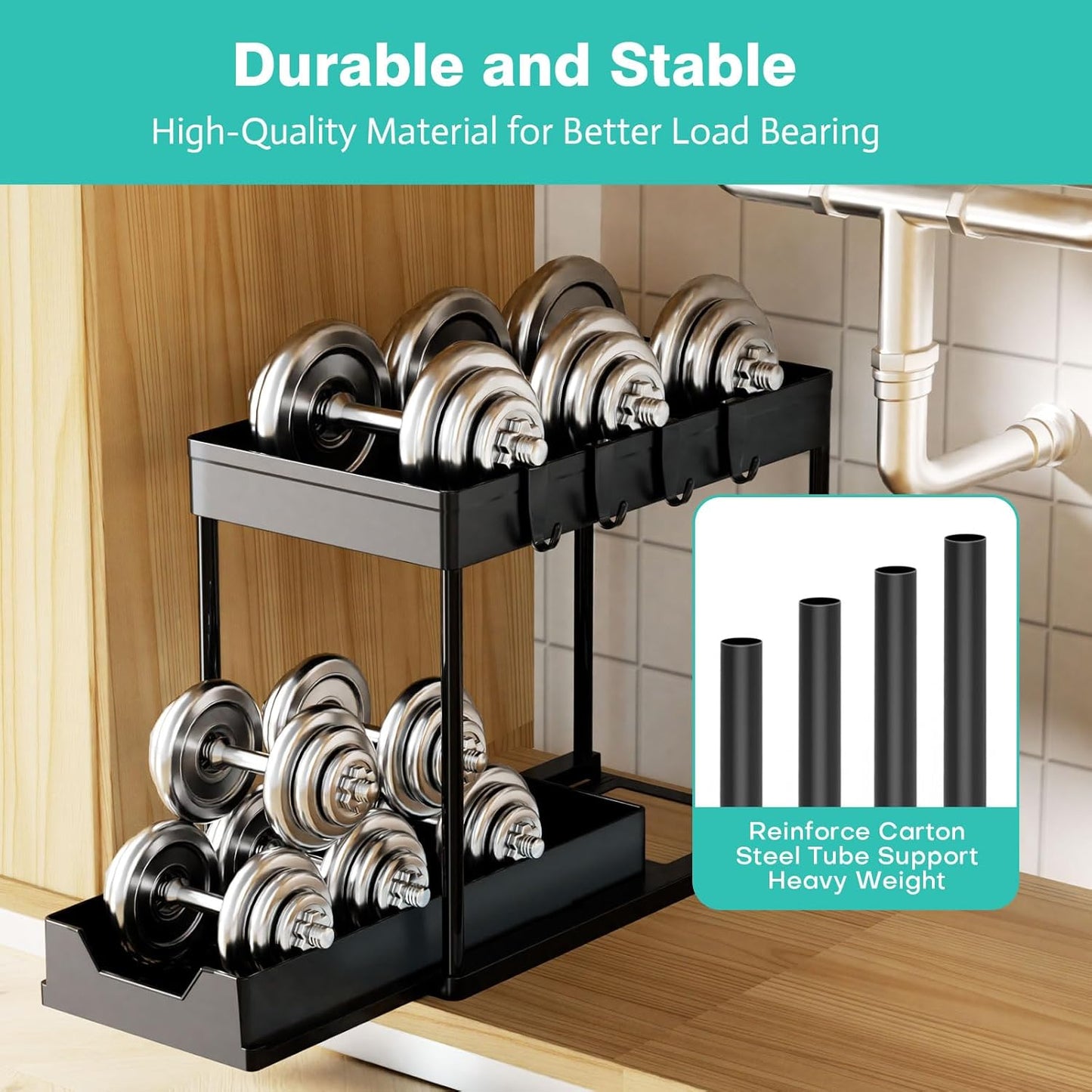 Under Sink Organizers by [Brand Name] - 2-Pack Pull-Out Sliding Cabinet Storage with 2-Tier Shelf & 4 Hooks | Multi-Purpose for Kitchen & Bathroom (13 Inch, Black)