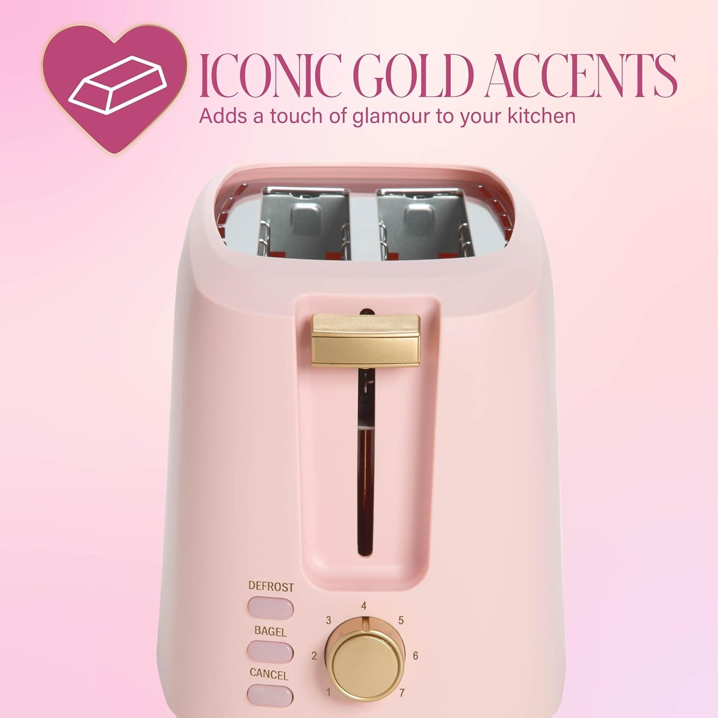 Paris Hilton 2-Slice Toaster - Extra-Wide Slots & 7 Browning Settings | Pink with Bagel & Defrost Functions