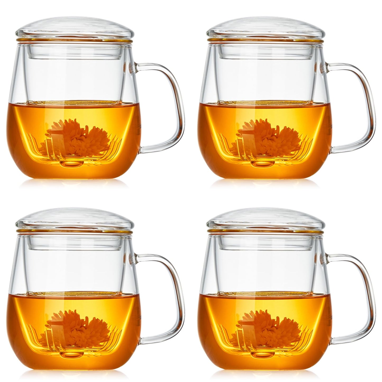DOPUDO Glass Teacups 4 Pack Glass Tea Cup with Infuser and Lid, 17.6oz/520ml Large Borosilicate Teacup,Tea Clear Mug Cup for Loose Leaf Blooming Tea, Microwave & Dishwasher Safe.