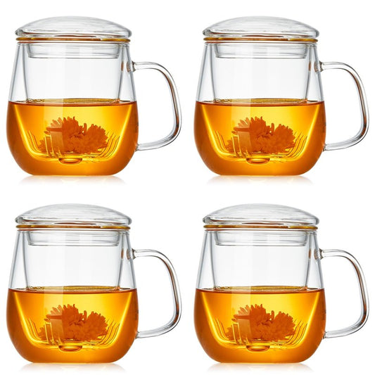 DOPUDO Glass Teacups 4 Pack Glass Tea Cup with Infuser and Lid, 17.6oz/520ml Large Borosilicate Teacup,Tea Clear Mug Cup for Loose Leaf Blooming Tea, Microwave & Dishwasher Safe.