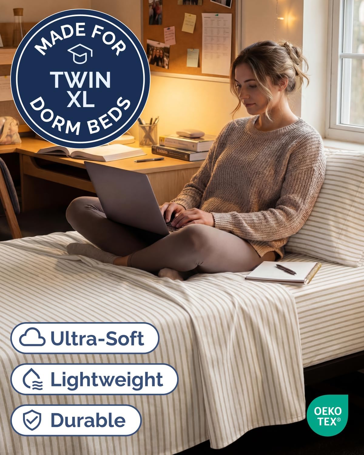 Skiennix Twin XL Sheet Set - Comfy Cooling 3-Piece Bedding - Deep Pocket, Wrinkle-Free, Beige Stripes