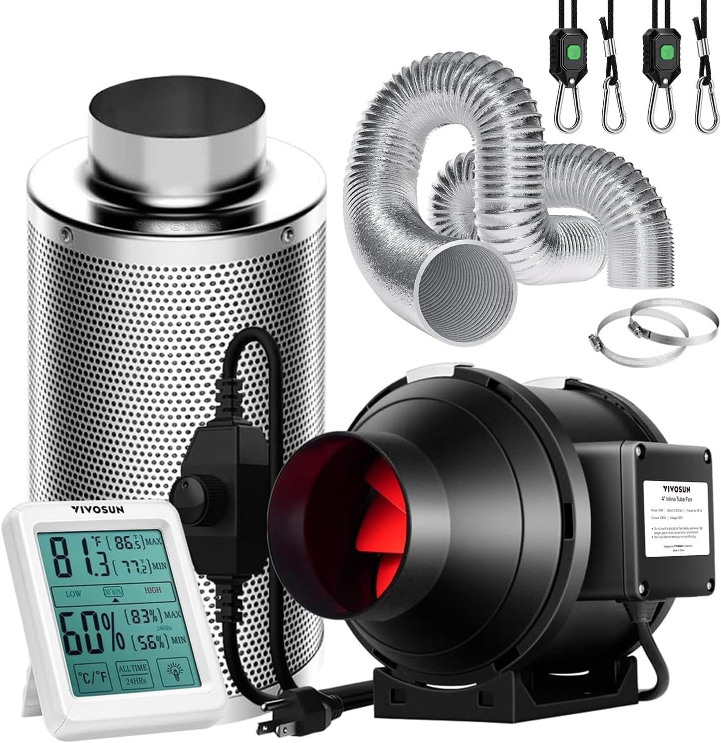 VIVOSUN 4 Inch Inline Fan - 190 CFM with Speed Controller, Carbon Filter & Ducting for Grow Tent Ventilation