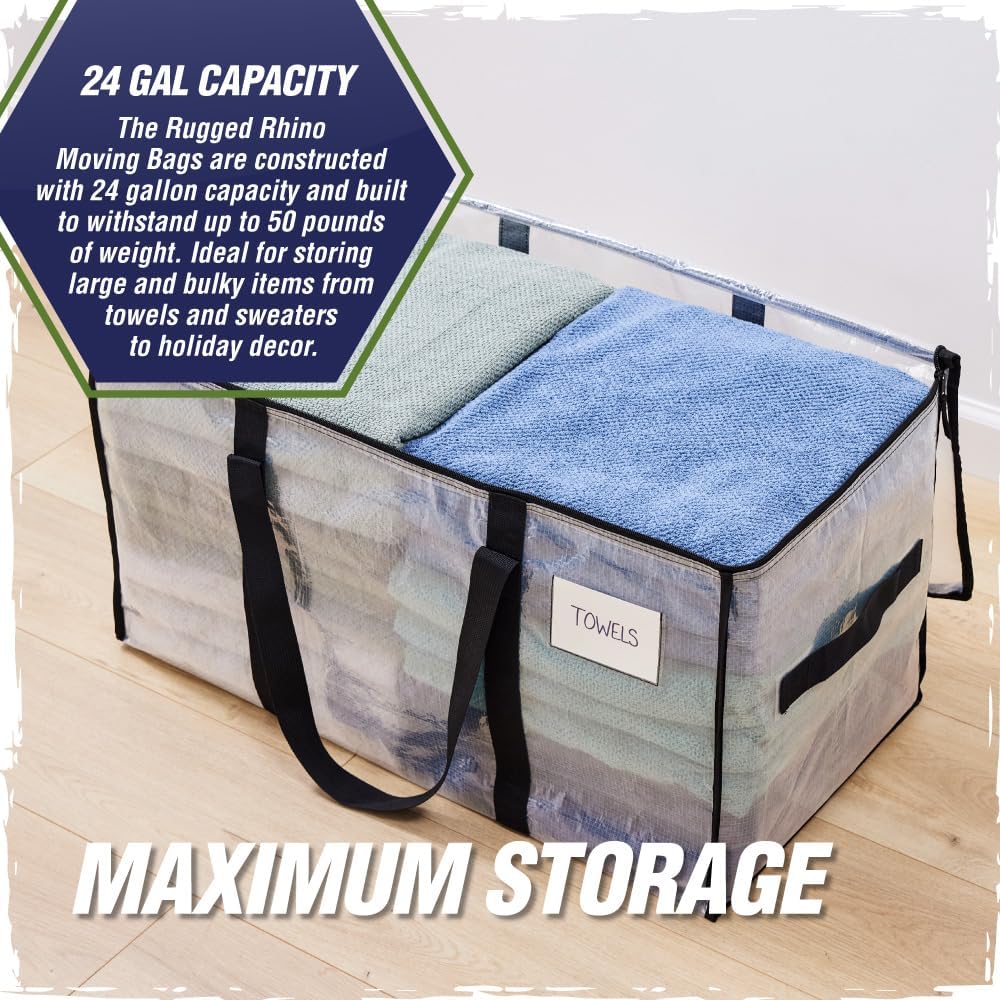 Rugged Rhino Heavy Duty Extra Large Moving Bags - Durable, Space-Saving Storage with Strong Handles | Blue/Clear 4-Pack