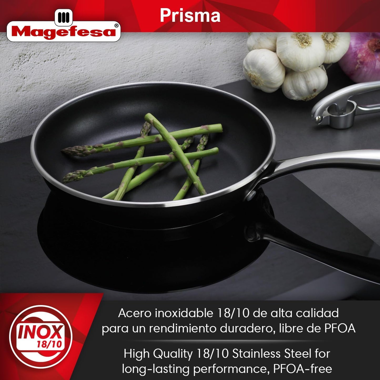 Magefesa Prisma 7.9-Inch Frying Pan - Triple-Layer Nonstick, 18/10 Stainless Steel, Oven Safe to 392°F