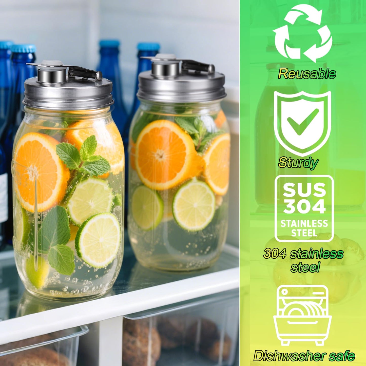Mason Jar Pour Spout Lid Stainless Steel, Regular Mouth Pour Spout Flip Cap Lids for Mason Jars, Anticracking Leak Proof Seal Cover Airtight for Drinking Salad Dressing & Food Storing(4PCS)