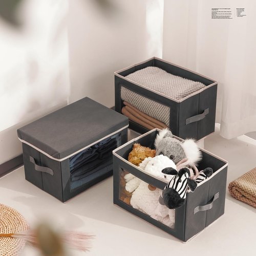 Homsorout Stackable Storage Bins - Medium Foldable Closet Organizer with Lids | 4-Pack Dark Grey