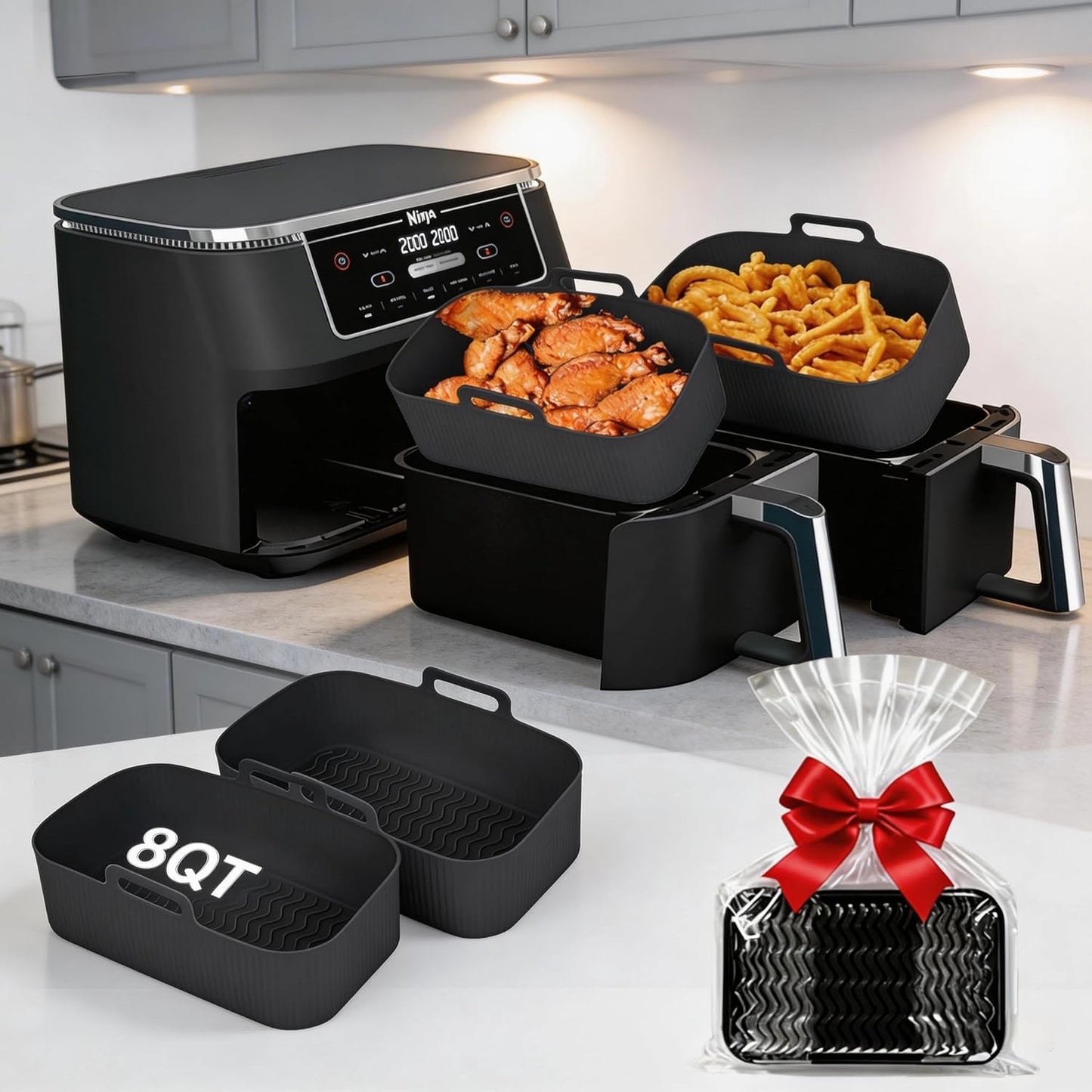 Silicone Air Fryer Liners for Ninja - Reusable 8QT Dual Basket | Easy-Clean, Dishwasher-Safe 2-Pack