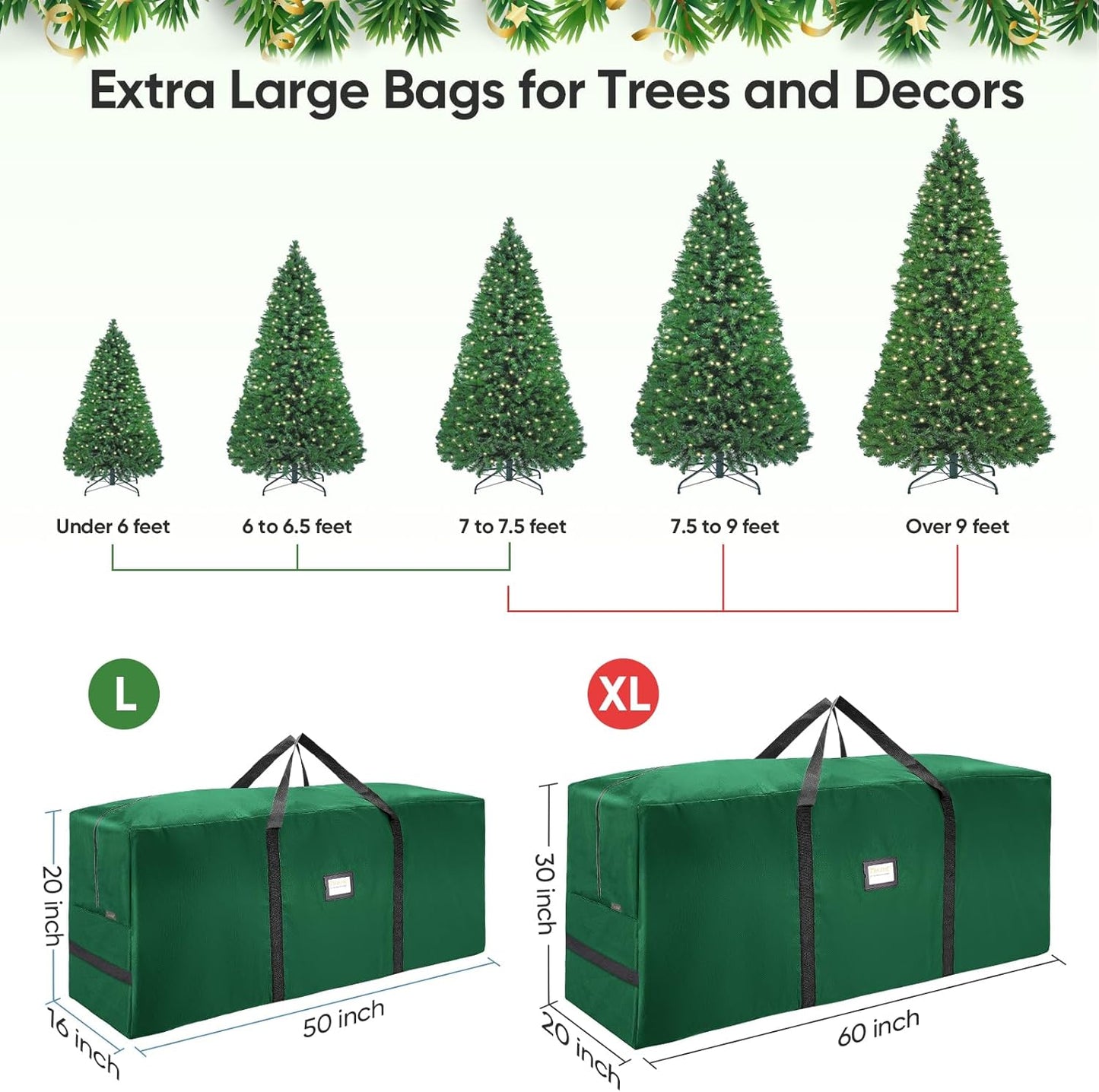 BALEINE Christmas Tree Storage Bag - Heavy Duty 900D Oxford Fabric, Extra Large with Dual Zippers & Reinforced Handles | Green